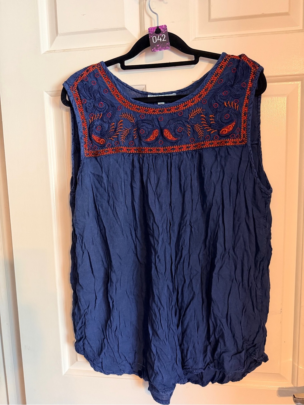 Solitaire Navy Sleeveless Embroidered Yoke Camisole